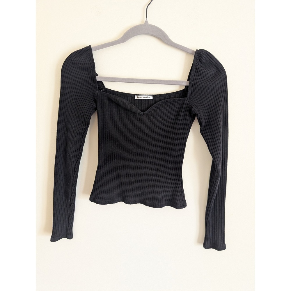 Reformation Black Sweetheart October Knit Ribbed Long Sleeve Top XS fitted